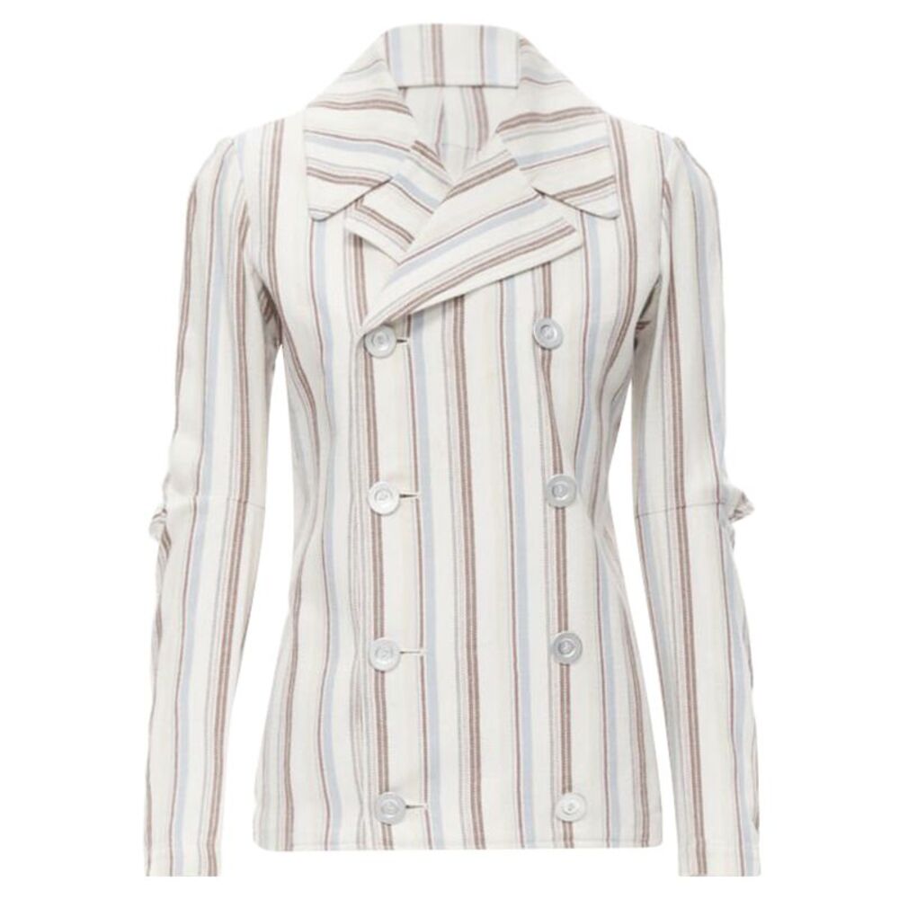 JUNYA WATANABE 1995 beige stripe cotton cut out sleeve double breasted jacket S